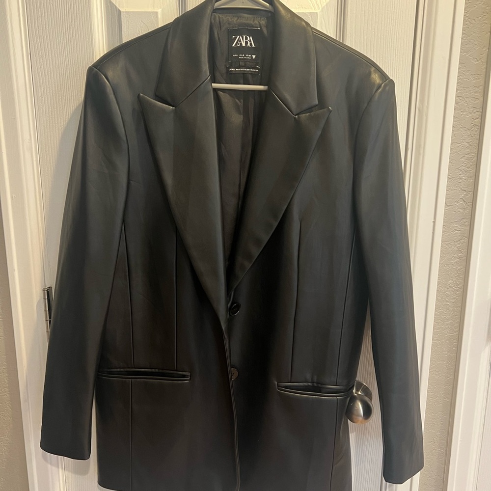 Zara Black Leather Blazer Jacket